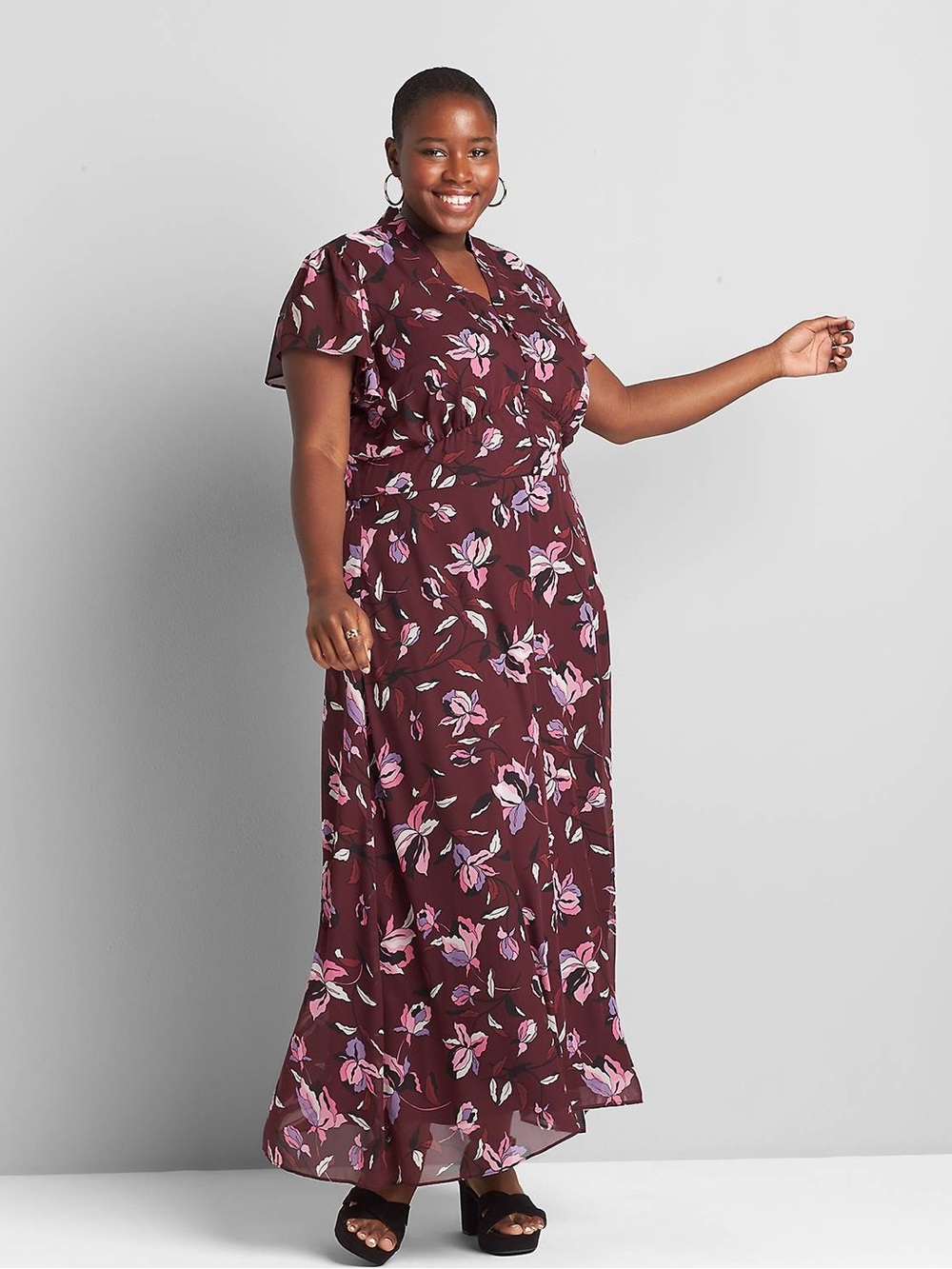 Lane Bryant Women's Midi Dress Button Detail Burgundy Maroon Floral Flutter V 24